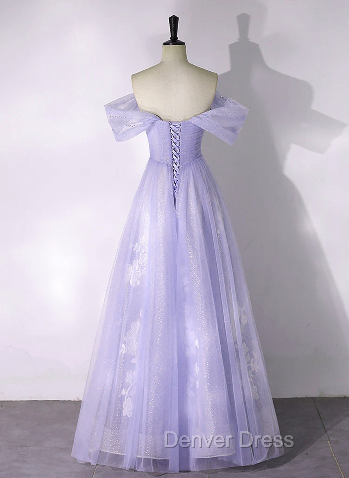 A Line Purple Tulle with Lace Off Shoulder Prom Dress, Purple Tulle Prom Dresses