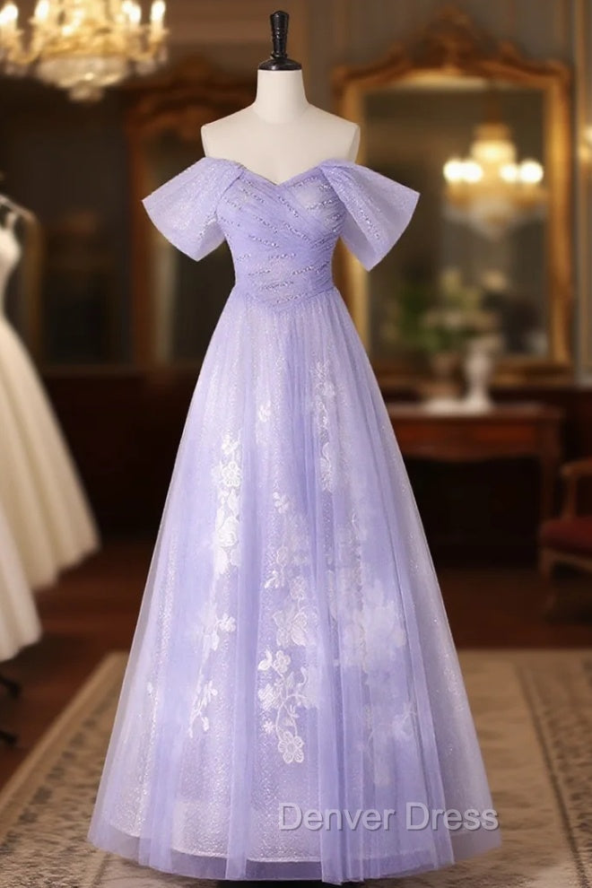 A-line Purple Tulle with Lace Off Shoulder Formal Dresses, Purple Tulle Prom Dresses Main image