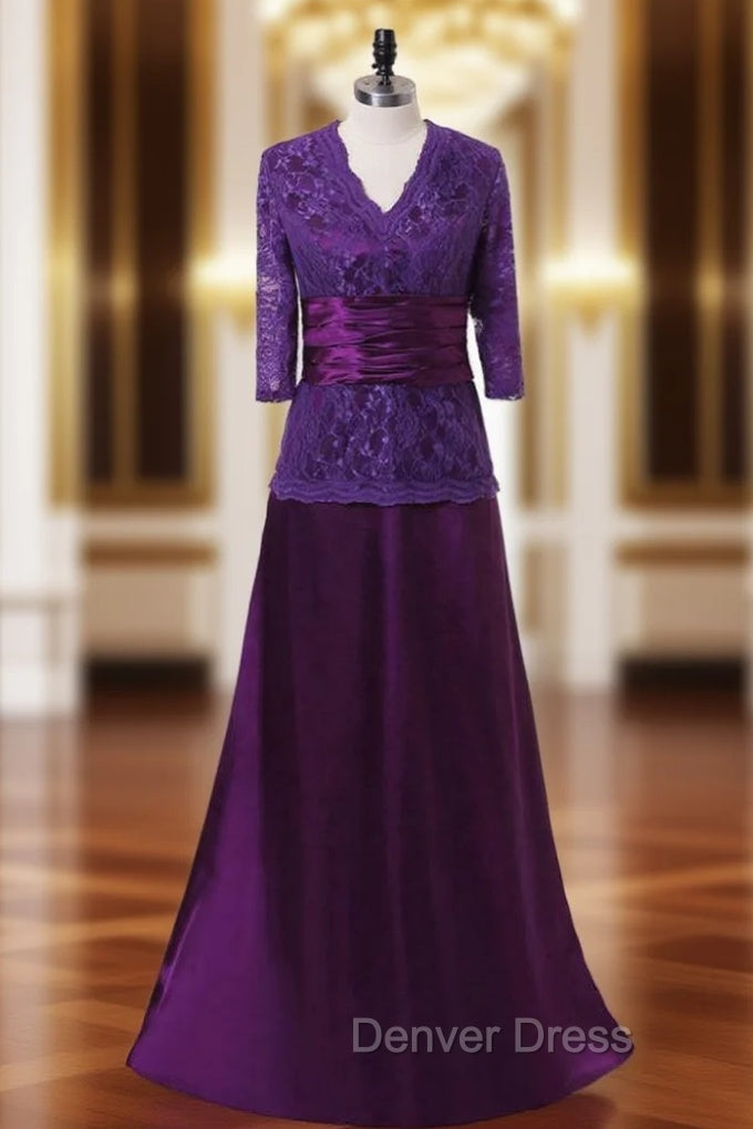 A-line Purple V-neck 3/4 Sleeves Mother Of The Bride Dresses