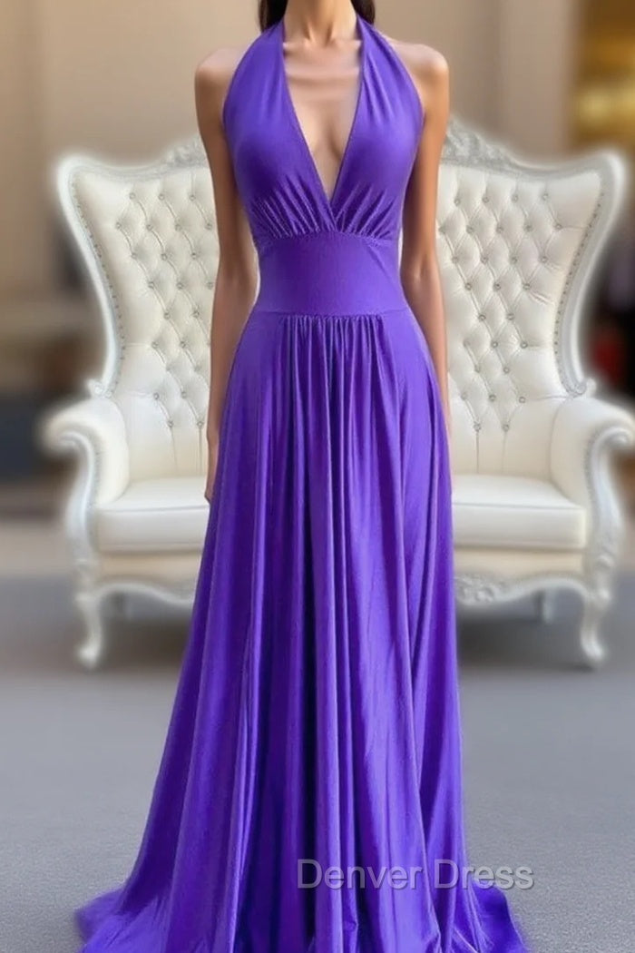 A-Line Purple V-neck Backless Prom Dresses Main image