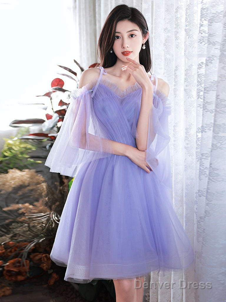 A Line Purple V Neck Tulle Short Prom Dress, Purple Homecoming Dresses Main image