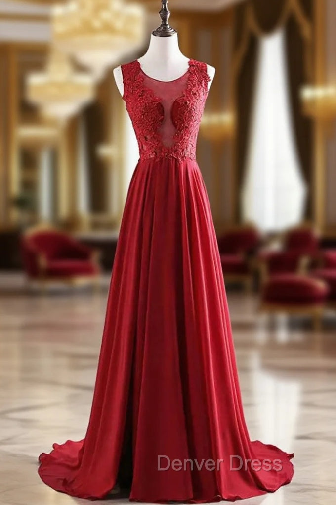 A-Line Red Chiffon Appliques Long Floor Length Prom Dresses Main image