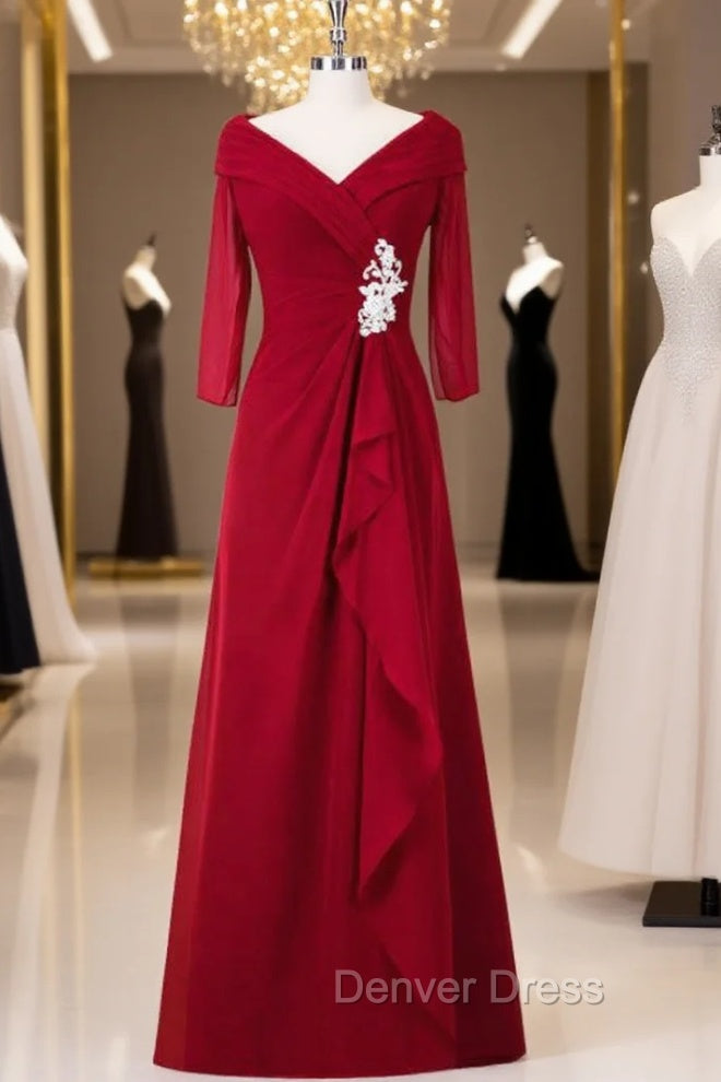 A Line Red Full Sleeve V Neck Long Mother of the Bride Dressess Main image