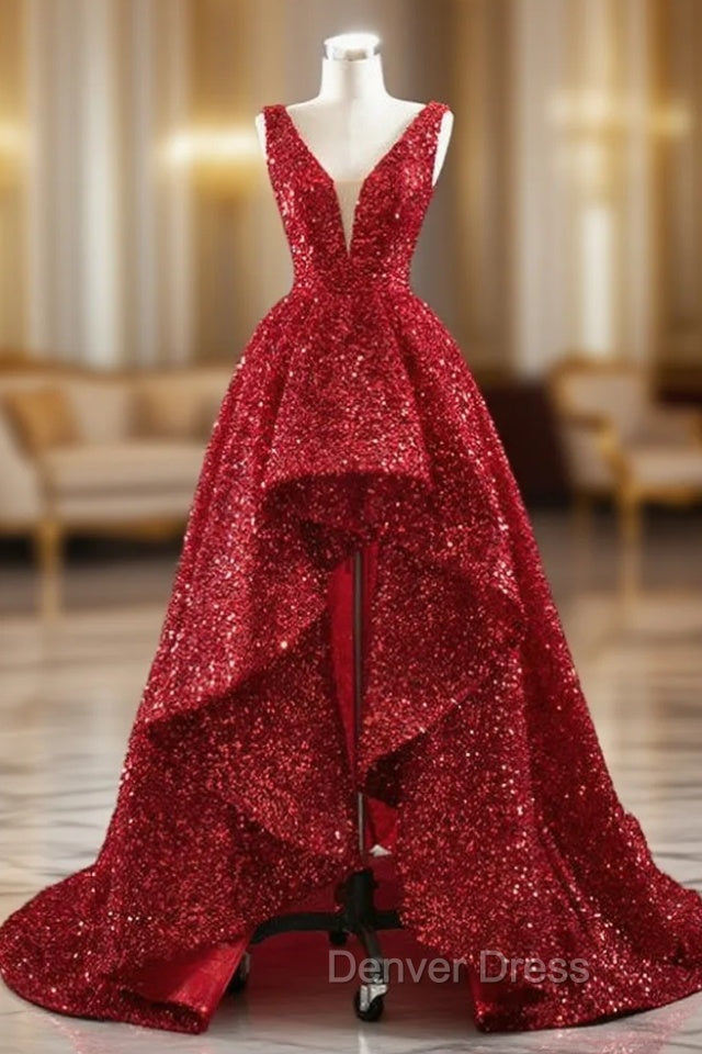A-line Red  Sequins V-neck Prom Dresses Main image