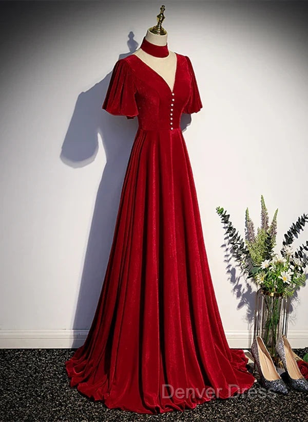 A-Line Red High Neckline Velvet Long Party Dresses Short Sleeves Velvet Prom Dresses
