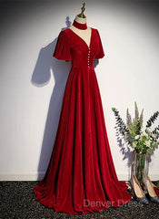 A-Line Red High Neckline Velvet Long Party Dresses Short Sleeves Velvet Prom Dresses