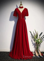 A-Line Red High Neckline Velvet Long Party Dresses Short Sleeves Velvet Prom Dresses