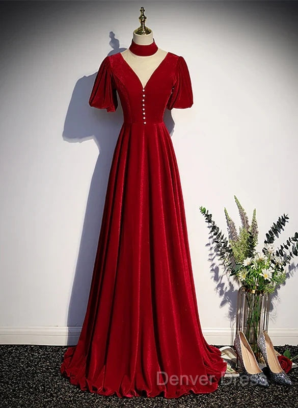 A-Line Red High Neckline Velvet Long Party Dresses Short Sleeves Velvet Prom Dresses