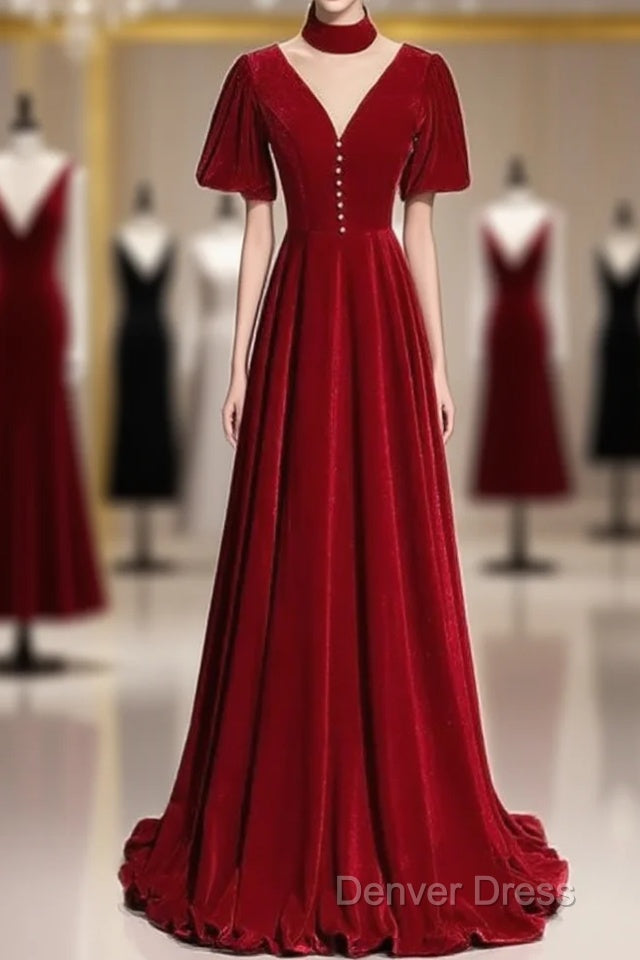 A-Line Red High Neckline Velvet Long Party Dresses Short Sleeves Velvet Prom Dresses Main image