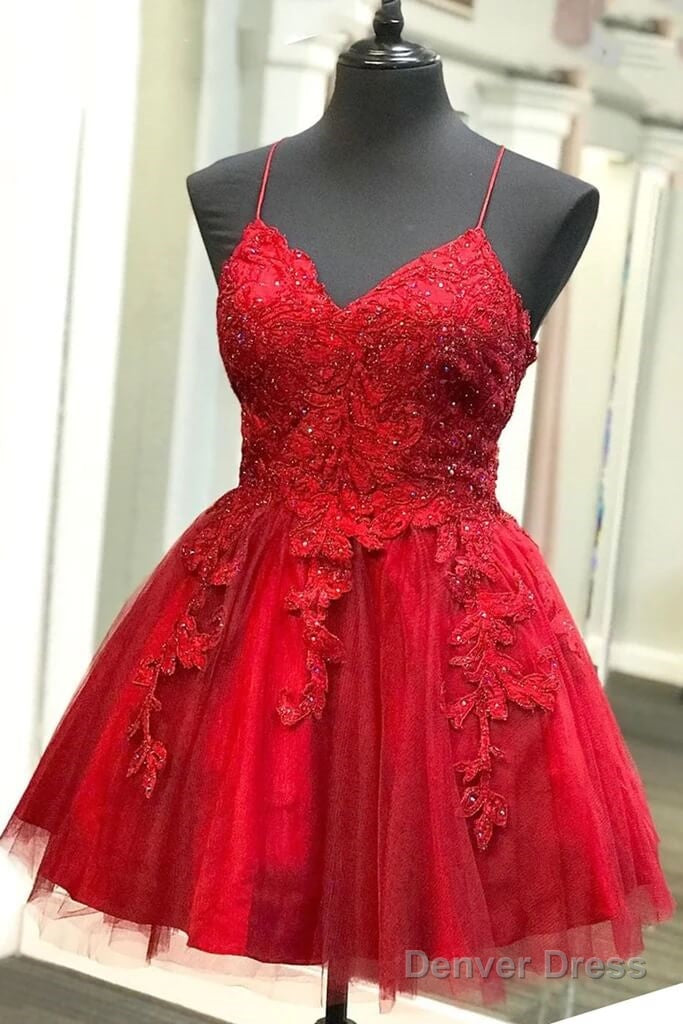 A Line Red Lace Homecoming Dress Short V Neck Beaded Damas Dresses