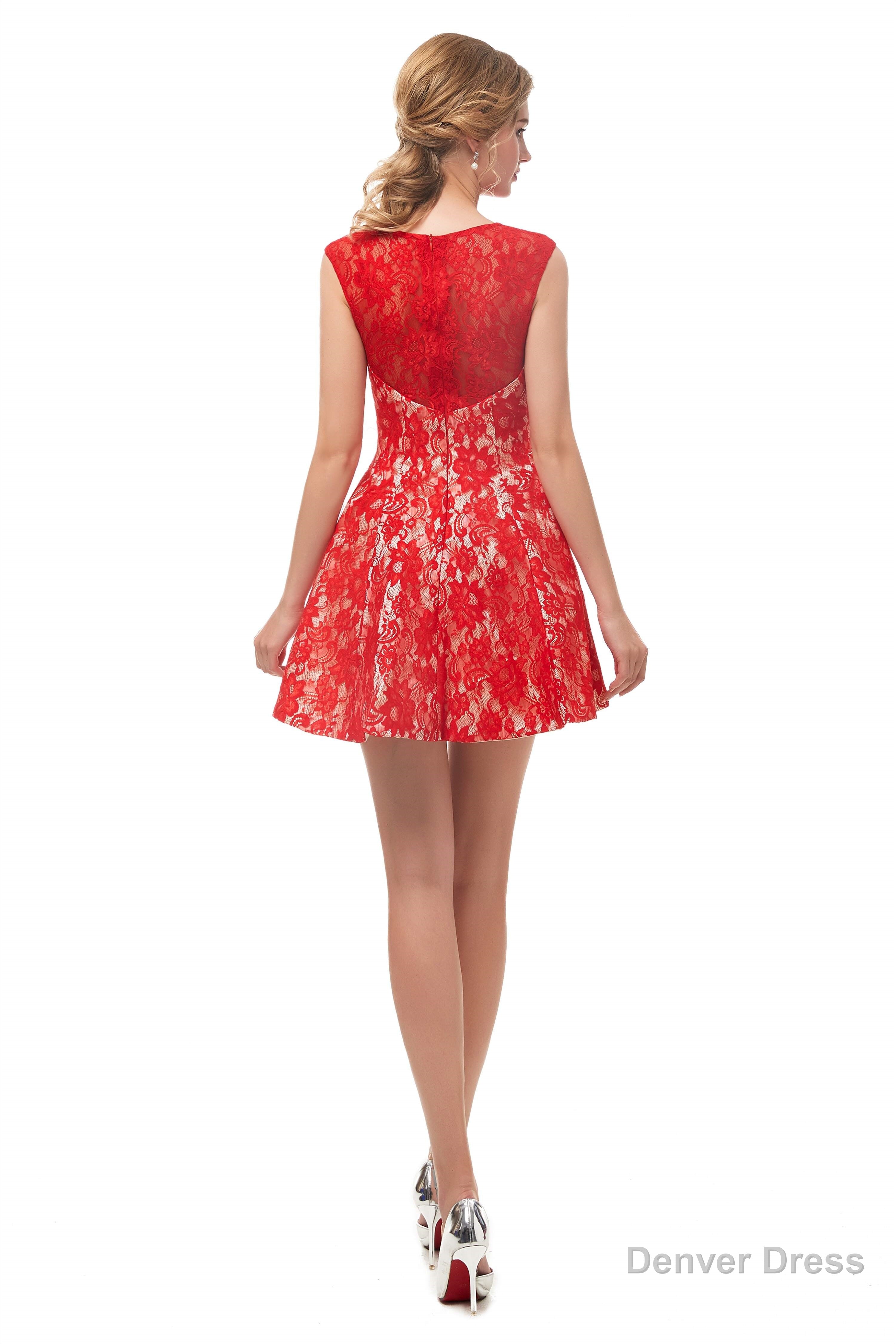 A-Line Red Lace Sleeveless Mini Homecoming Dresses