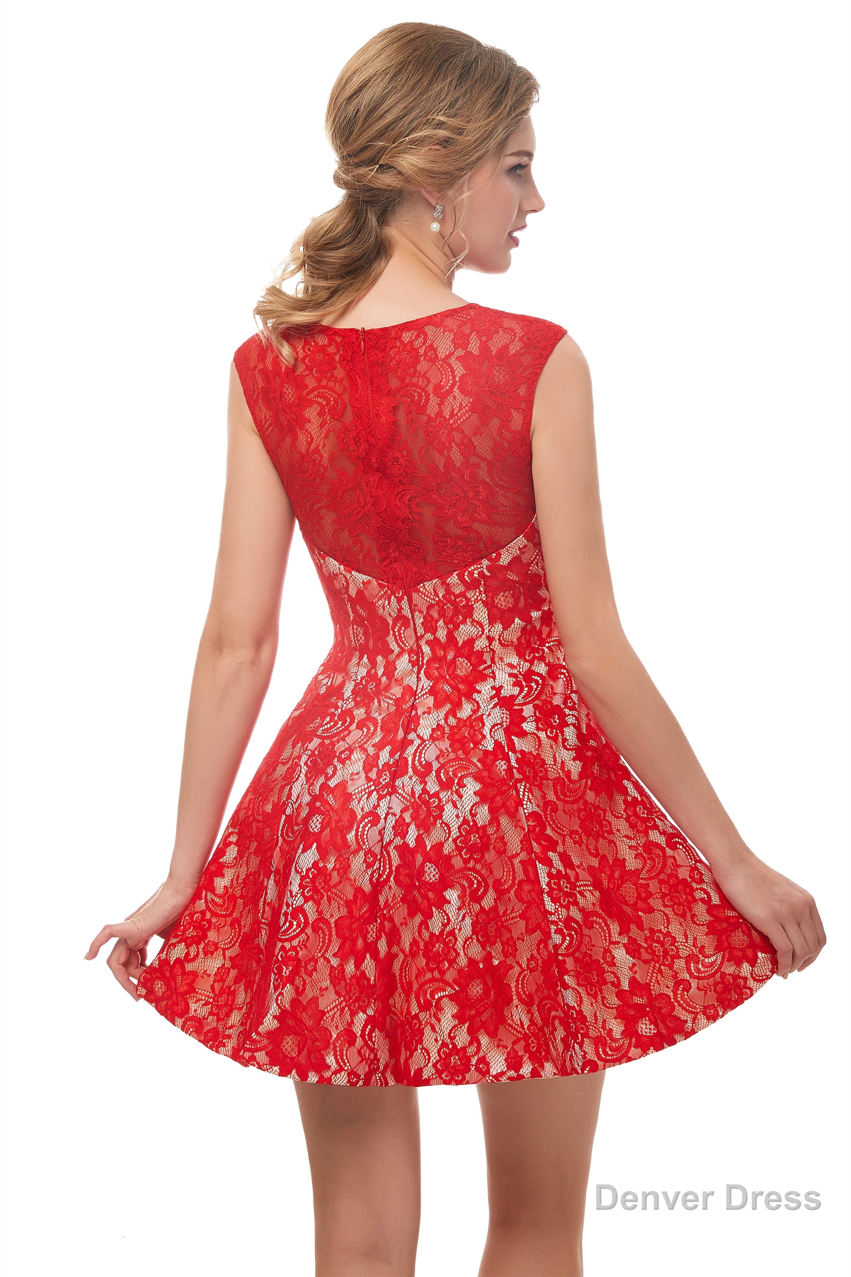 A-Line Red Lace Sleeveless Mini Homecoming Dresses