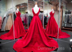 A Line Red Prom Dresses V Neck Satin Long Evening Dresses
