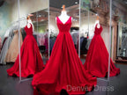 A Line Red Prom Dresses V Neck Satin Long Evening Dresses