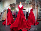 A Line Red Prom Dress V Neck Satin Long Prom Dresses