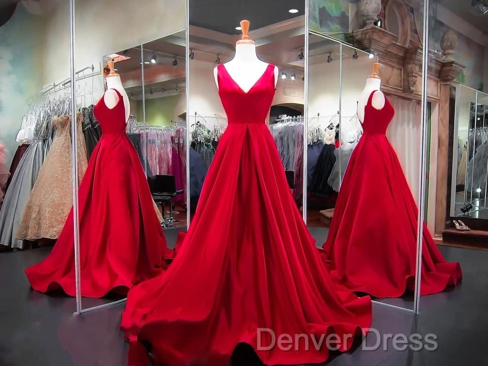 A Line Red Prom Dress V Neck Satin Long Prom Dresses