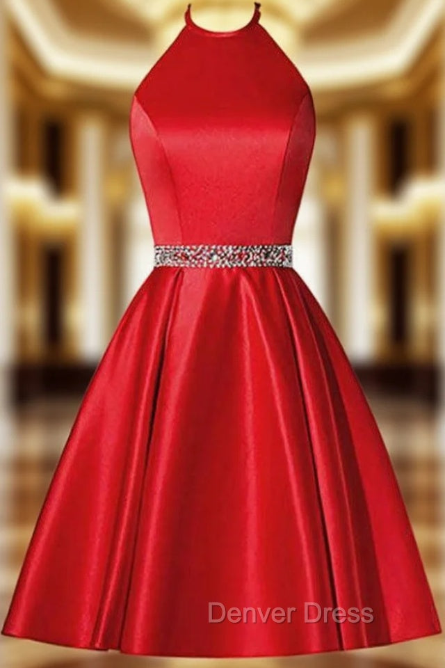 A-Line Red Satin Halter Beaidng Crystal Homecoming Dresses With Pocket