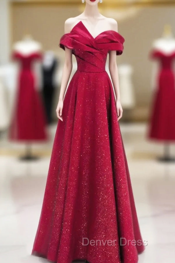 A-Line Red Satin Long Off Shoulder Evening Dresses, Simple Floor Length Prom Dresses Main image