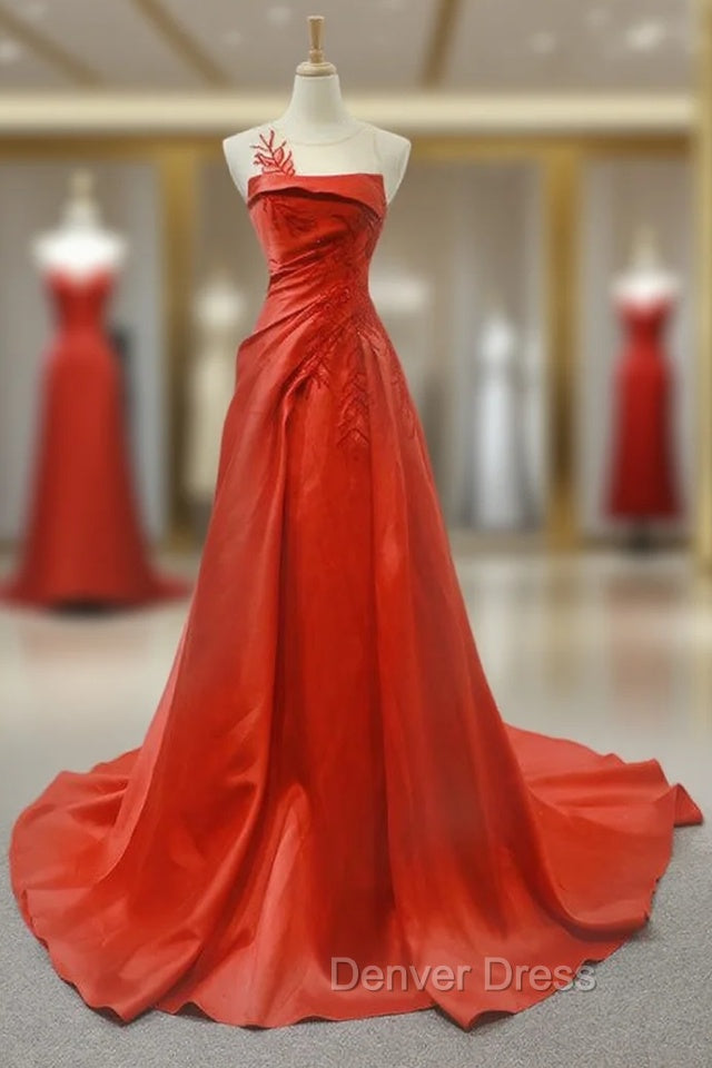 A-Line Red Satin Pleats Beading Backless Long Prom Dresses Main image