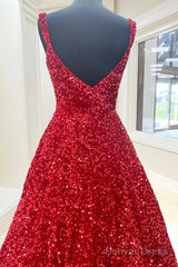 A-Line Red Sequin Quince Dresses Square Neck Backless Long Prom Dresses