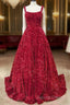 A-Line Red Sequin Quince Dress Square Neck Backless Long Prom Dresses