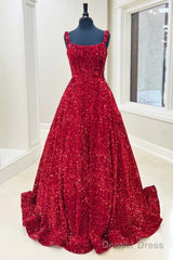 A-Line Red Sequin Quince Dresses Square Neck Backless Long Prom Dresses