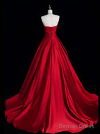 A-Line Red Strapless Satin Long Formal Dress, Red Lace-Up Party Dress Evening Dress