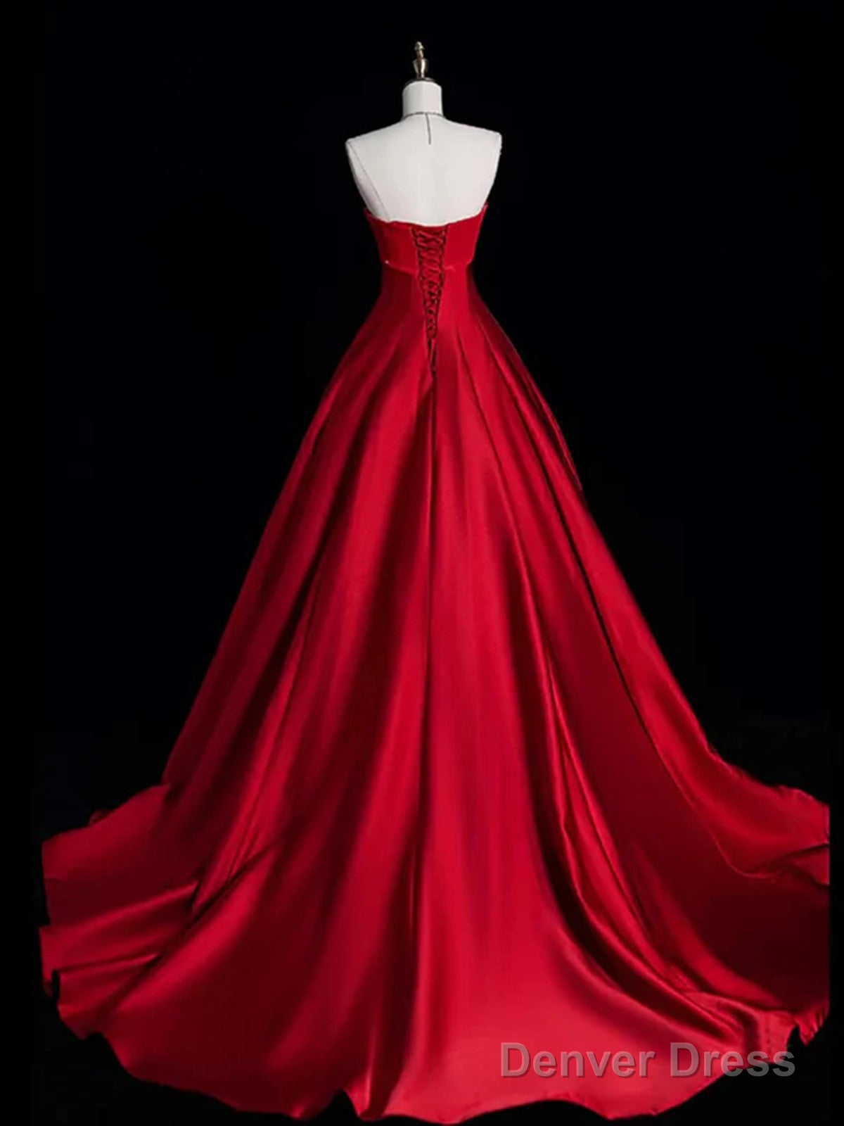 A-Line Red Strapless Satin Long Formal Dress, Red Lace-Up Party Dress Evening Dress