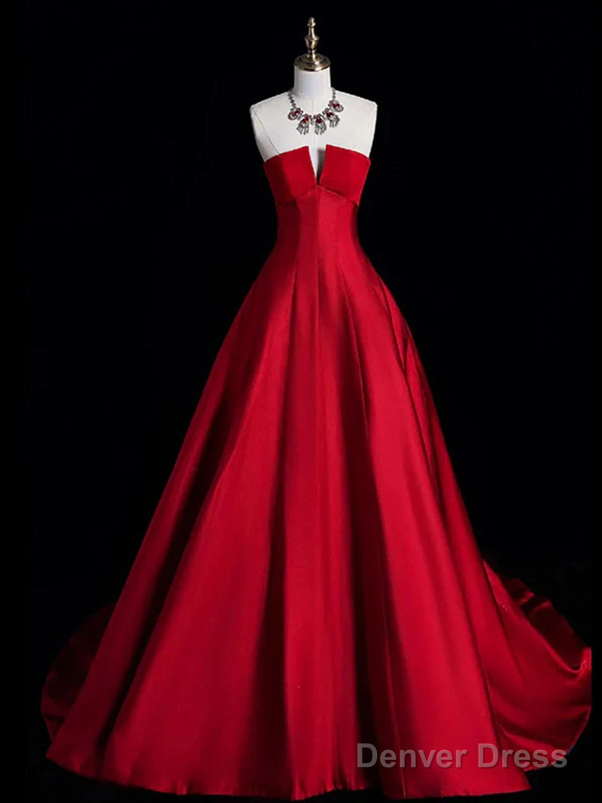 A Line Red Strapless Satin Long Prom Dress, Red Lace Up Prom Dress Main image