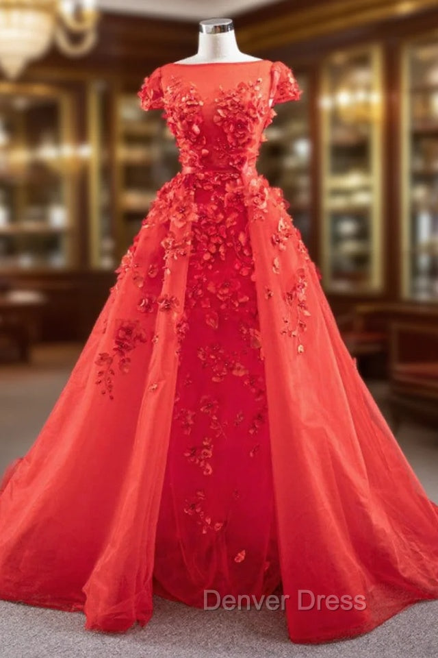 A Line Red Tulle Appliques Cap Sleeve Prom Dresses With Removable Train
