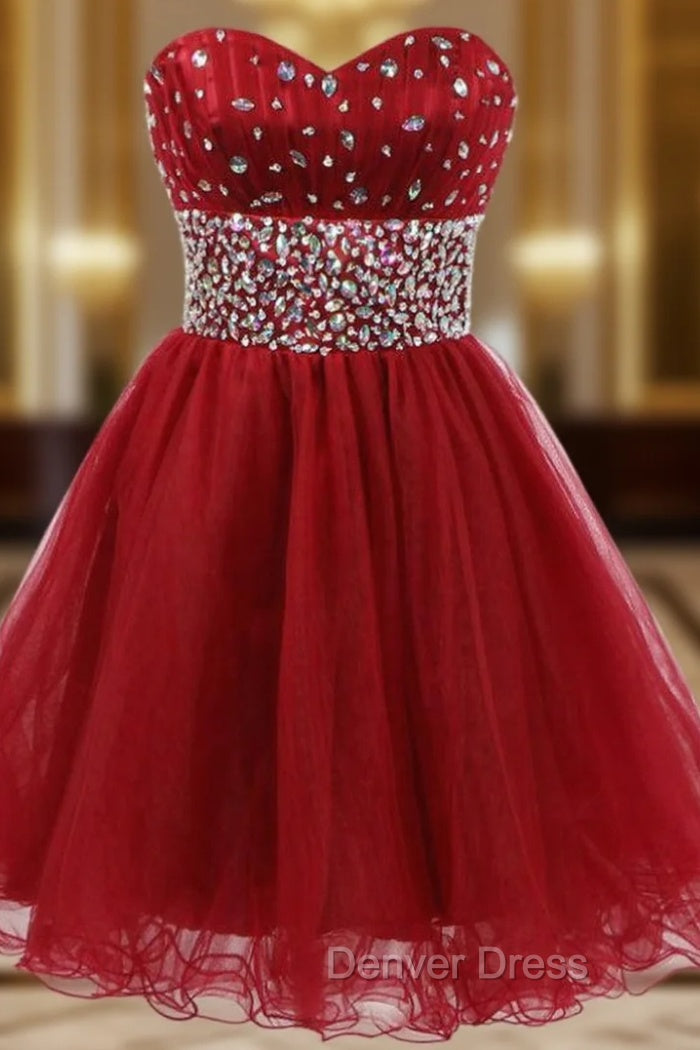 A-Line Red Tulle Sweetheart Homecoming Dresses With Crystal Main image