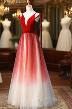 A-Line Red Velvet Tulle Long Prom Dresses, Red Formal Dresses