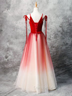 A-Line Red Velvet Tulle Long Prom Dresses, Red Formal Dresses