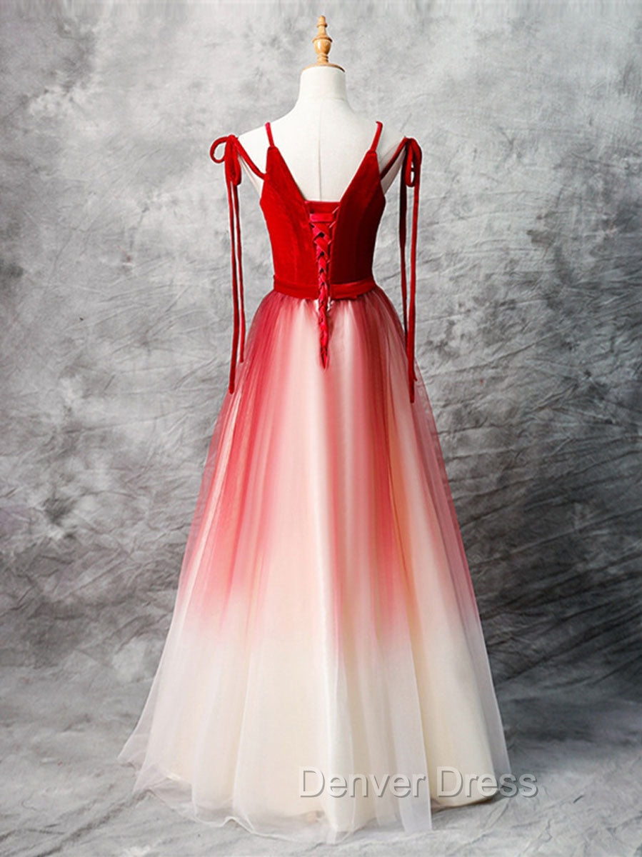 A-Line Red Velvet Tulle Long Prom Dresses, Red Formal Dresses