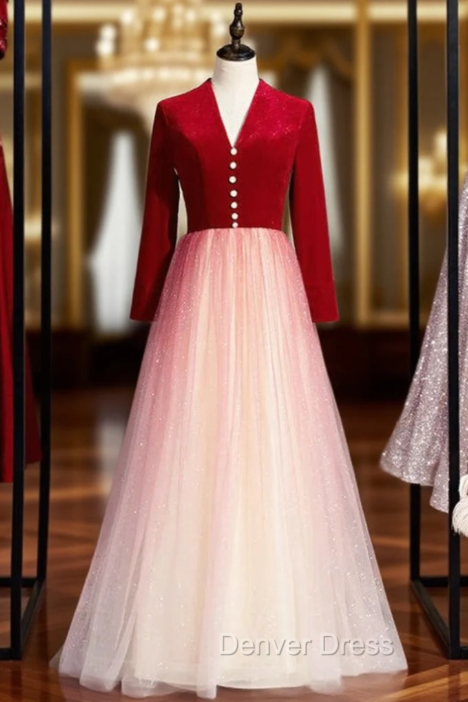 A-Line Red Velvet Tulle Long Sleeve Open Back Prom Dresses