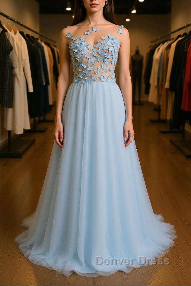 A Line Round Neck Baby Blue Lace Long Prom Dress with Butterfly, Baby Blue Lace Prom Graduation Prom Dresses Main image