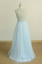 A Line Round Neck Baby Blue Lace Long Prom Dress with Butterfly, Baby Blue Lace Prom Graduation Prom Dresses