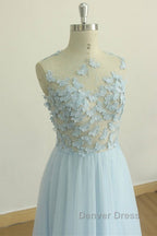 A Line Round Neck Baby Blue Lace Long Prom Dress with Butterfly, Baby Blue Lace Prom Graduation Prom Dresses