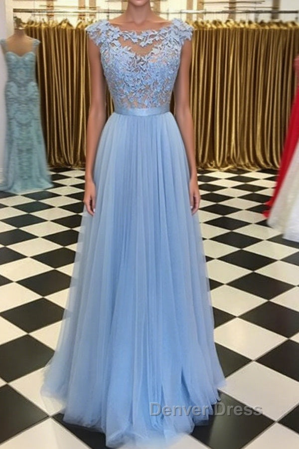 A Line Round Neck Blue Lace Appliques Tulle Long Prom Dress, Blue Lace Graduation Dress, Blue Prom Dresses Main image