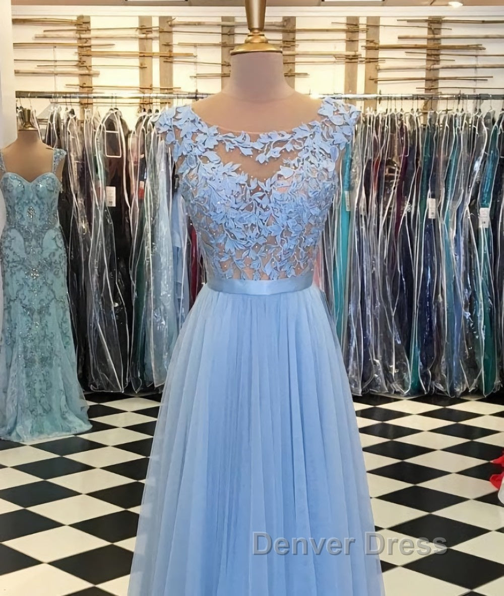 A Line Round Neck Blue Lace Appliques Tulle Long Prom Dress, Blue Lace Graduation Dress, Blue Prom Dresses Secondary image