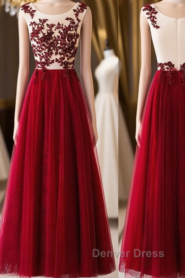 A Line Round Neck Burgundy Lace Tulle Long Prom Dress, Burgundy Lace Prom Dress, Burgundy Lace Graduation Dresses Main image