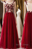 A Line Round Neck Burgundy Lace Tulle Long Prom Dress, Burgundy Lace Prom Dress, Burgundy Lace Graduation Dresses