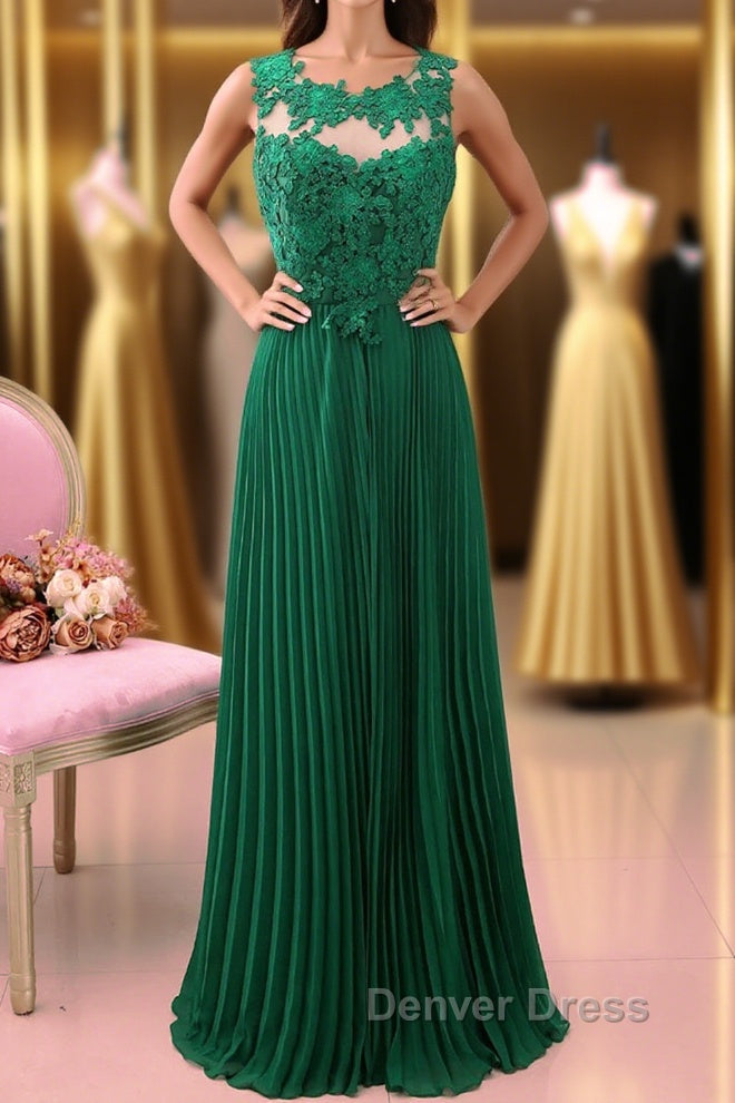 A Line Round Neck Green Lace Long Prom Dress Bridesmaid Dress, Open Back Lace Green Prom Dress, Green Lace Prom Dresses Main image
