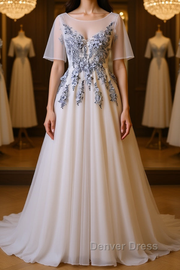 A Line Round Neck Half Sleeves Gray Lace Prom Dress, Gray Floral Long Prom Dresses Main image