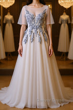 A Line Round Neck Half Sleeves Gray Lace Prom Dress, Gray Floral Long Prom Dresses