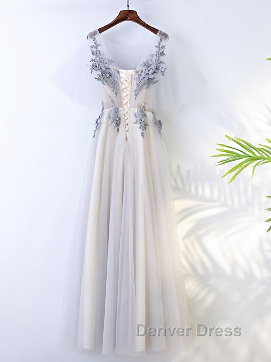 A Line Round Neck Half Sleeves Gray Lace Prom Dress, Gray Floral Long Prom Dresses Secondary image