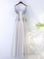 A Line Round Neck Half Sleeves Gray Lace Prom Dress, Gray Floral Long Prom Dresses