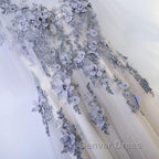 A Line Round Neck Half Sleeves Gray Lace Prom Dress, Gray Floral Long Prom Dresses