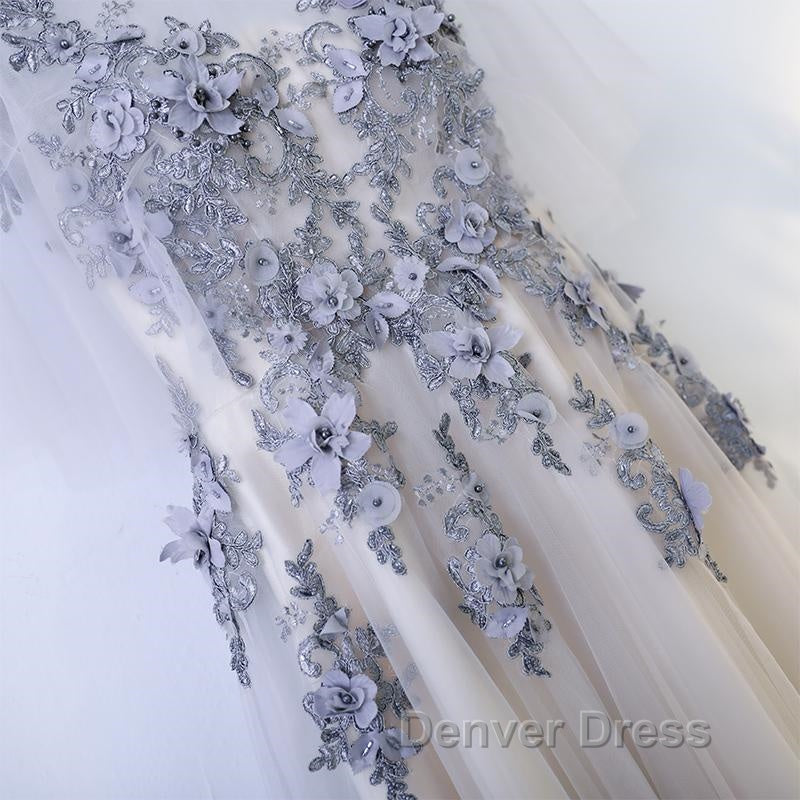 A Line Round Neck Half Sleeves Gray Lace Prom Dress, Gray Floral Long Prom Dresses