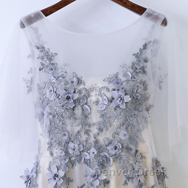 A Line Round Neck Half Sleeves Gray Lace Prom Dress, Gray Floral Long Prom Dresses